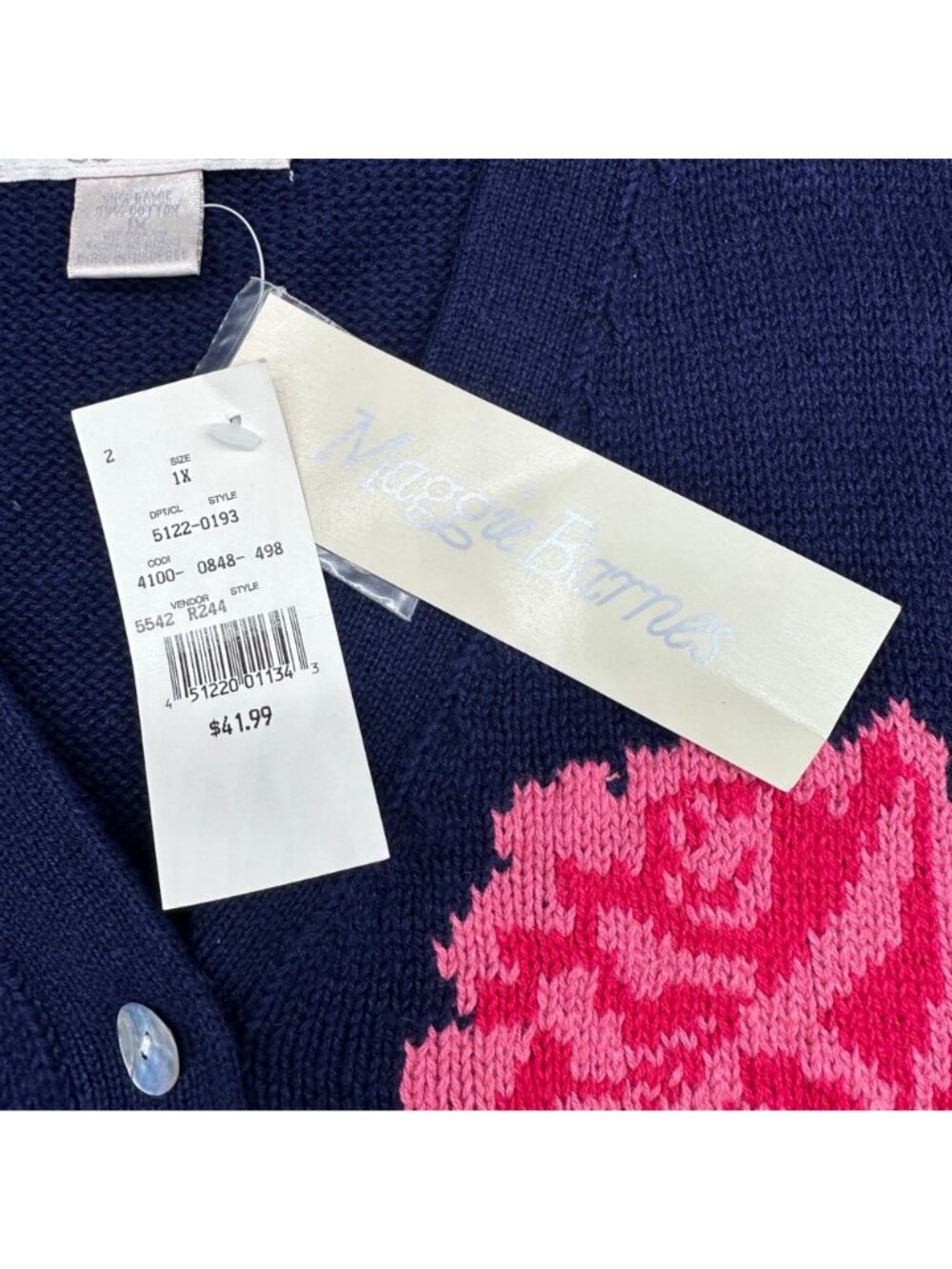 Vintage Navy Blue Sweater Vest Pink Rose Knit Button Front 1X Maggie Barnes - Picture 6 of 8